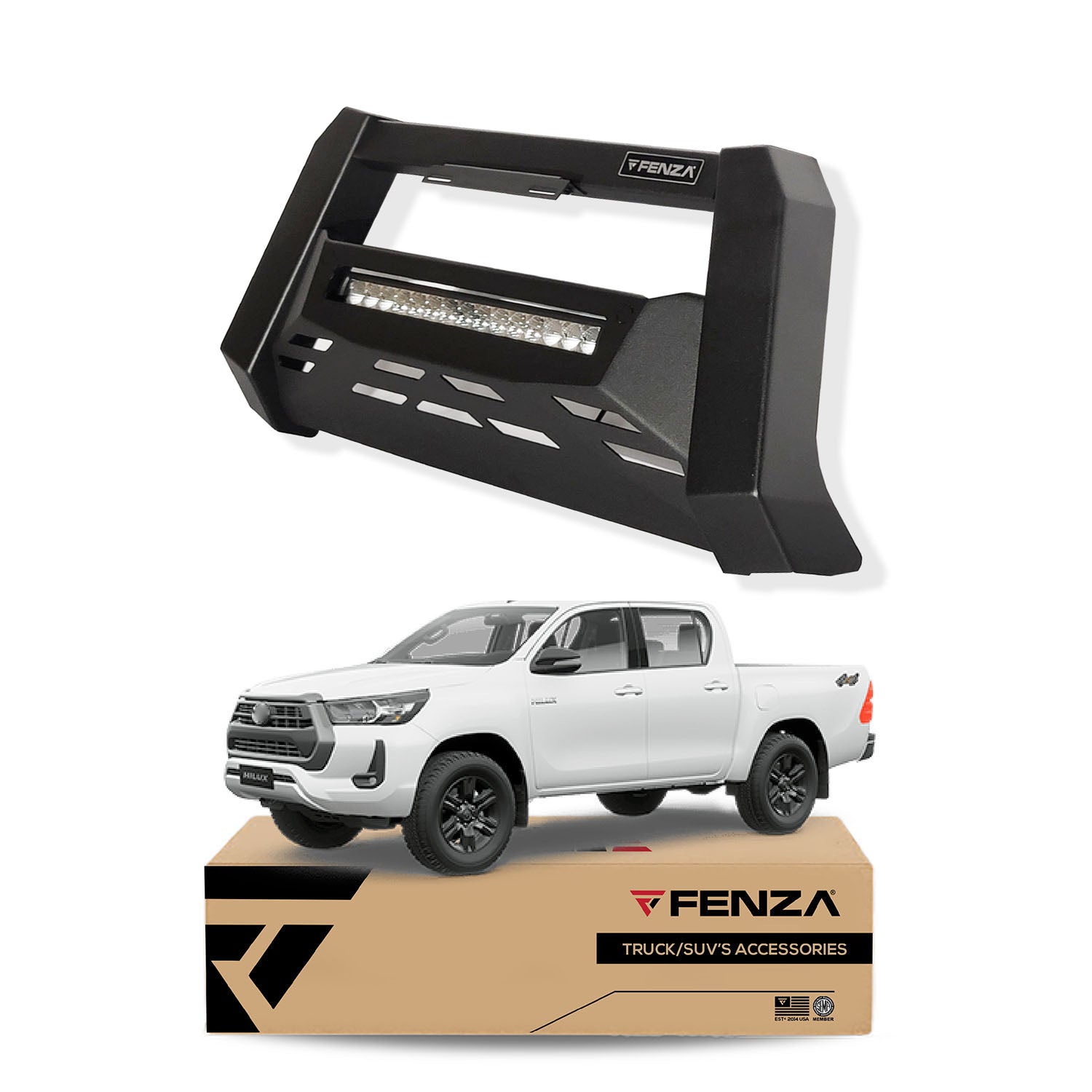 FENZA Modular Front Bumper Guard + Skid Plate & Led Lights for 21-24 Toyota Hilux