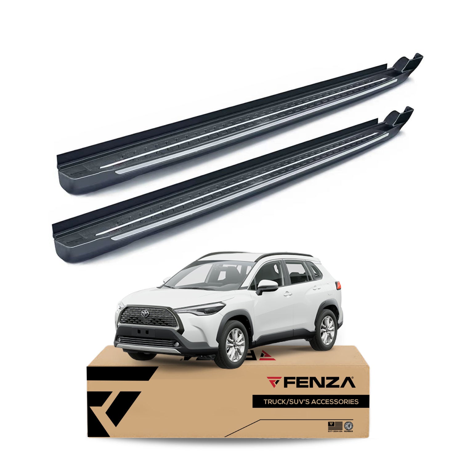 FENZA Running Boards / Side Steps Black, Chrome Trims Compatible With Toyota Corolla Cross 22-24